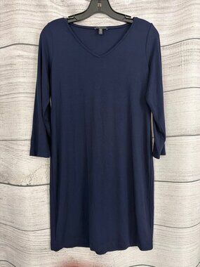 eileen fisher viscose jersey three quarter sleeve v neck dress | Dresses | Eileen Fisher Black Midi T Shirt Spandex Womens Medium Minimalist Outline